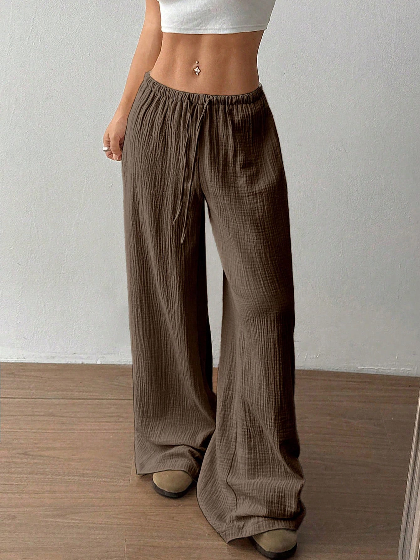 Ladies' Drawstring Solid Color Casual Loose Pants