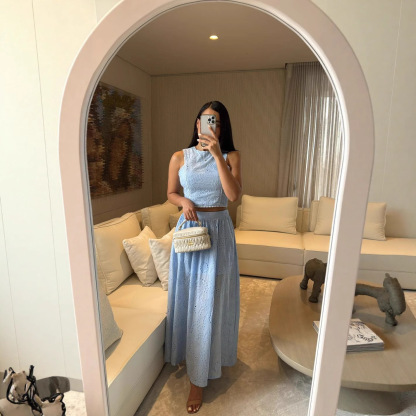 Ladies' Round Neck Printed Top+ Skirt Elegant Casual Set