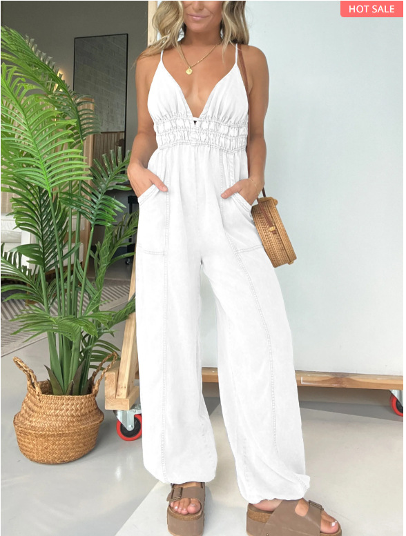 Ladies' Spaghetti Strap Patchwork Casual Jumpsuit