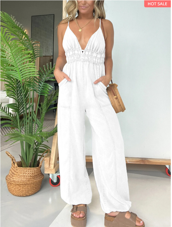 Ladies' Spaghetti Strap Patchwork Casual Jumpsuit