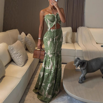 Tropical Print Drawstring Ruched Shirred Frill Trim Bandeau Vacation Dress