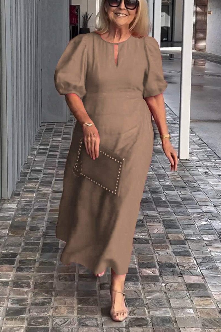 Ladies Round Neck Lantern Sleeve Loose Casual Dress