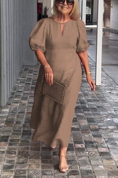 Ladies Round Neck Lantern Sleeve Loose Casual Dress