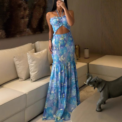 Tropical Print Drawstring Ruched Shirred Frill Trim Bandeau Vacation Dress