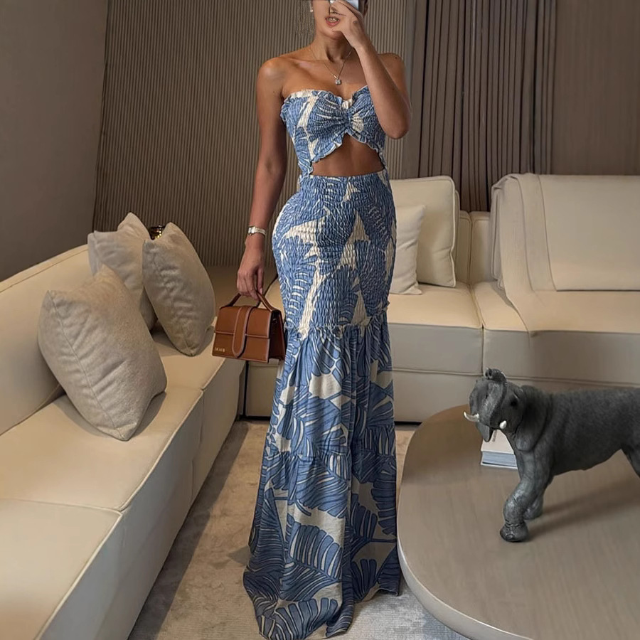 Tropical Print Drawstring Ruched Shirred Frill Trim Bandeau Vacation Dress