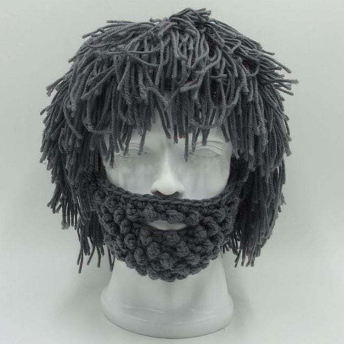 Punk Style Beanie with Attached Straight Hair Wig and Knitted Beard
