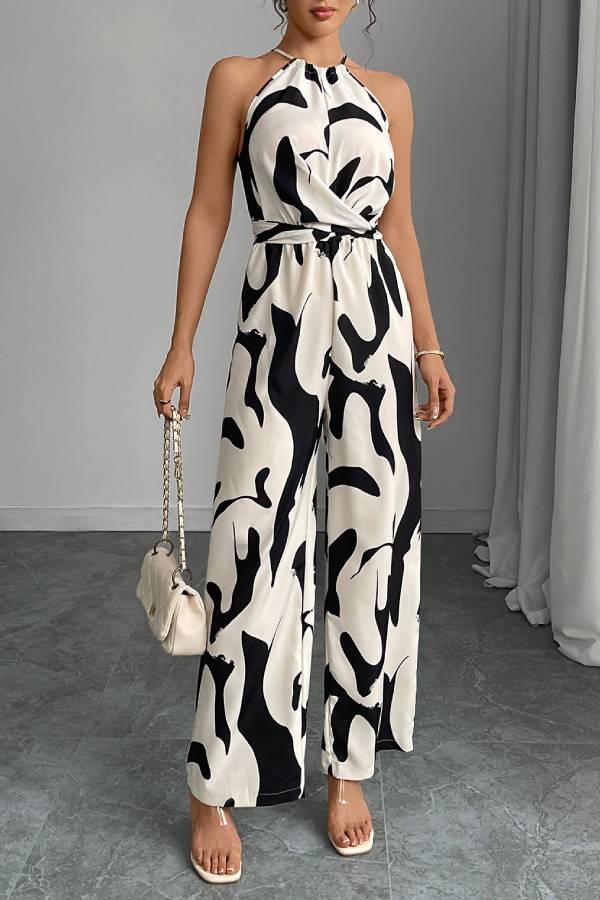 Abstract Print Halter Neck Wide-Leg Jumpsuit