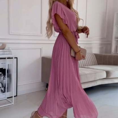 🌸 Women's Solid V-Neck Pleated Flowy Dress