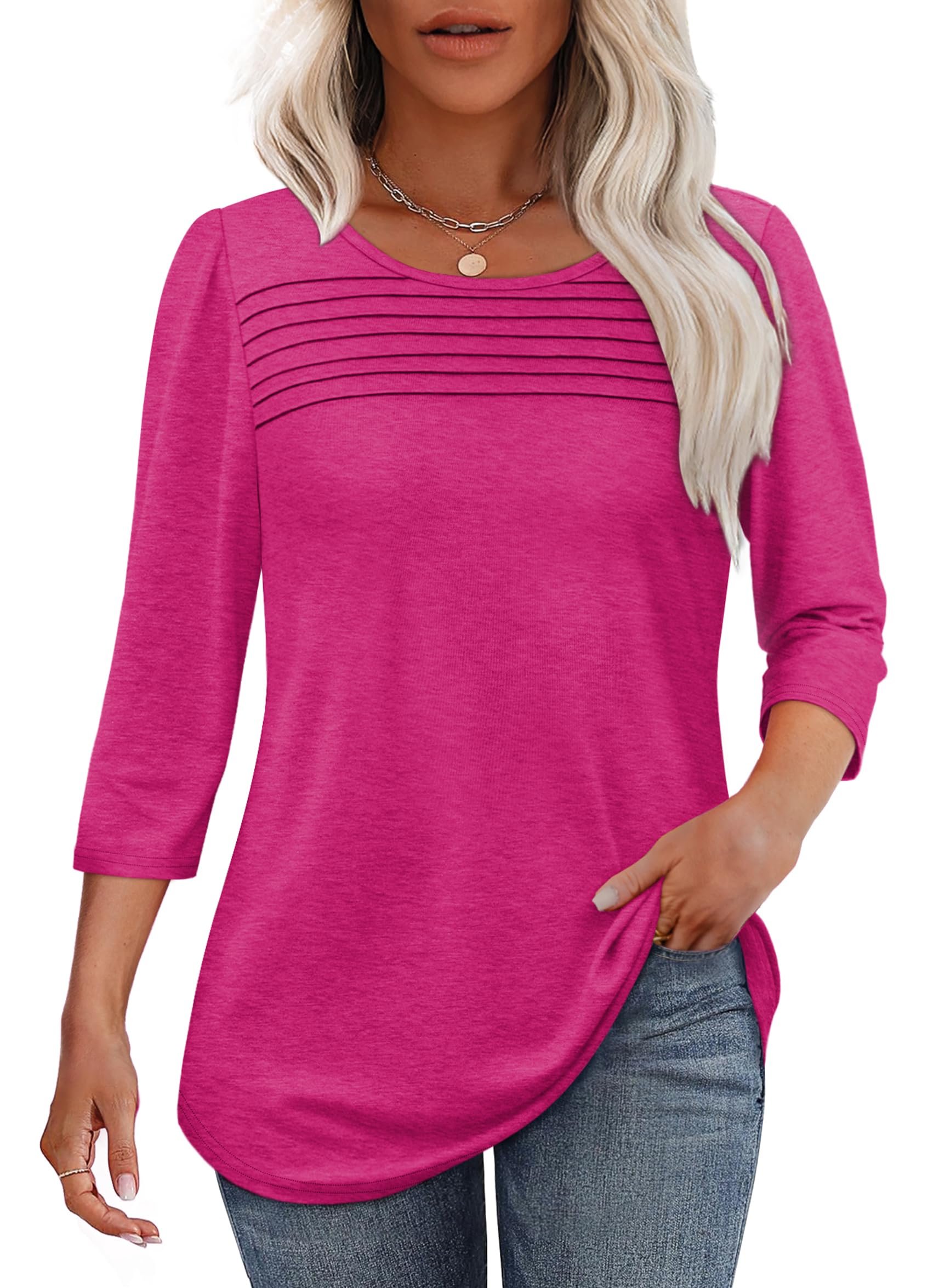 NEW🔥 2025 Women's 3/4 Length Sleeve Top Pleated Front T-Shirt