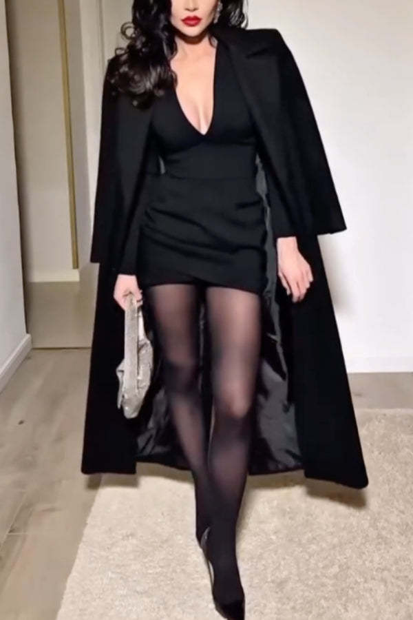 Dark Style Suit Collar Deep V Slim Fit Long Sleeve Mini Dress