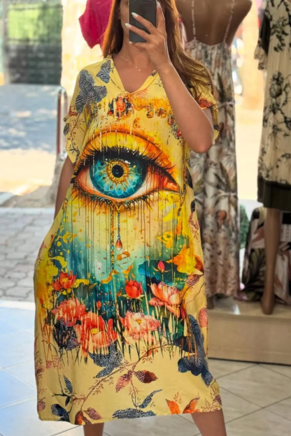 Ladies' V-neck Colorful Printed Loose Casual Dress