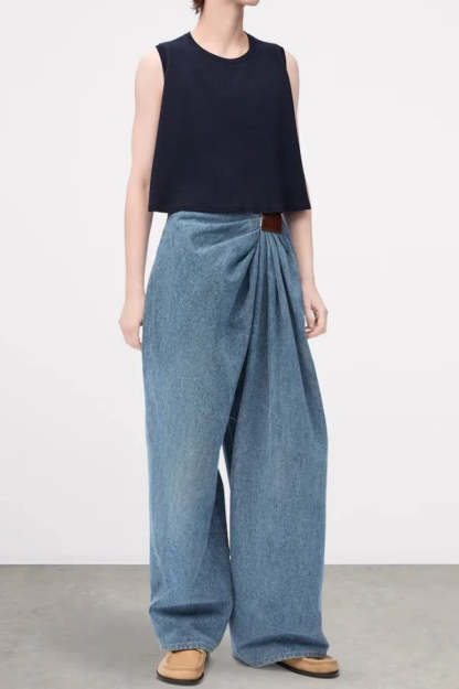 Stylish Pleated Casual Pocket Wide-leg Jeans