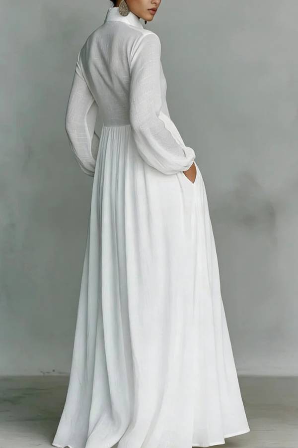 Solid Color Stand Collar Long Sleeve Casual Pocket Maxi Dress