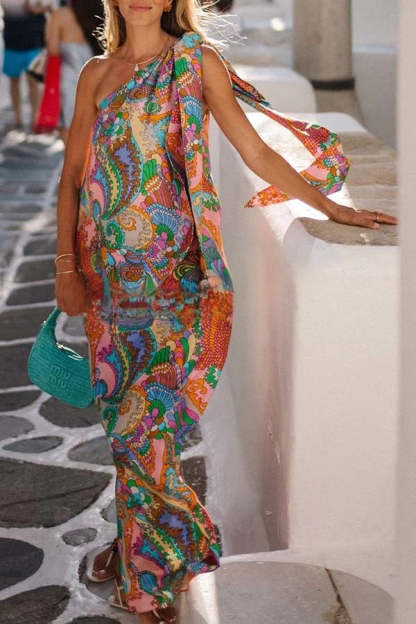 Rainbow Breeze Satin Unique Print Bow One Shoulder Loose Maxi Dress
