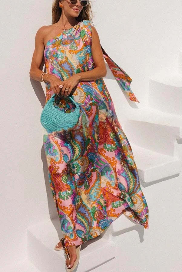 Rainbow Breeze Satin Unique Print Bow One Shoulder Loose Maxi Dress