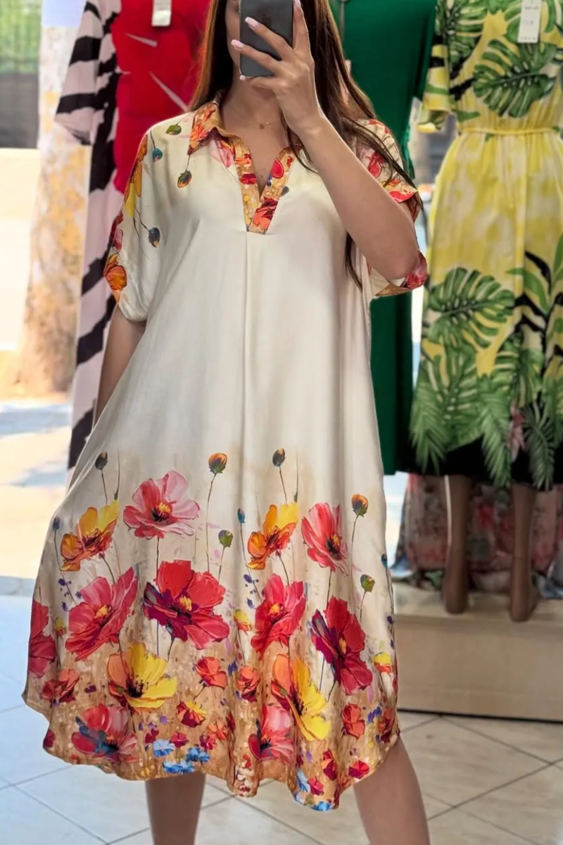 Ladies' Lapel Printed Loose Casual Dress