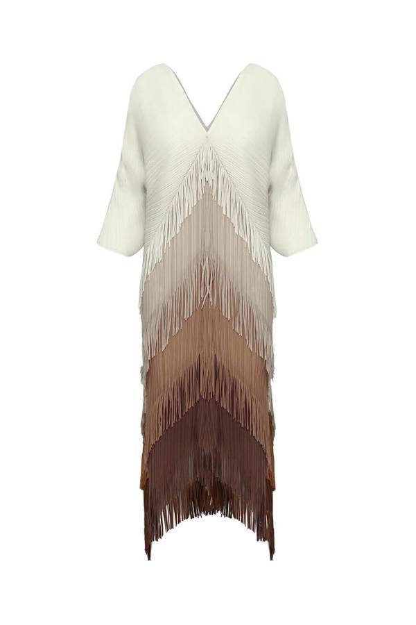 Elegant Pleated Satin Ombre Fringe Detailing Maxi Dress