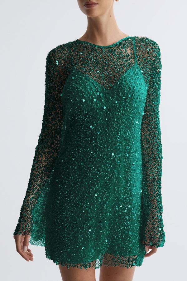 Sparkling Sequin Mesh Long-Sleeve Short Evening Dress