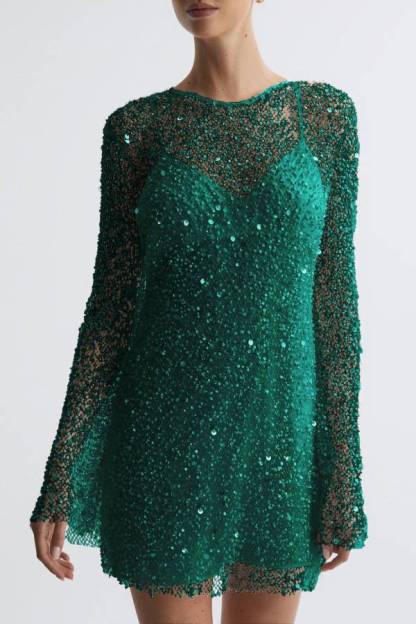 Sparkling Sequin Mesh Long-Sleeve Short Evening Dress