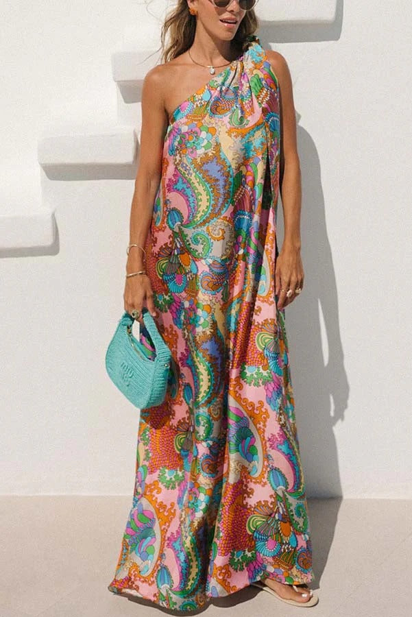 Rainbow Breeze Satin Unique Print Bow One Shoulder Loose Maxi Dress