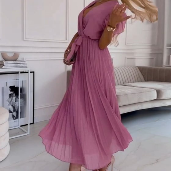 🌸 Women's Solid V-Neck Pleated Flowy Dress