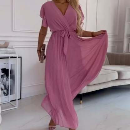 🌸 Women's Solid V-Neck Pleated Flowy Dress