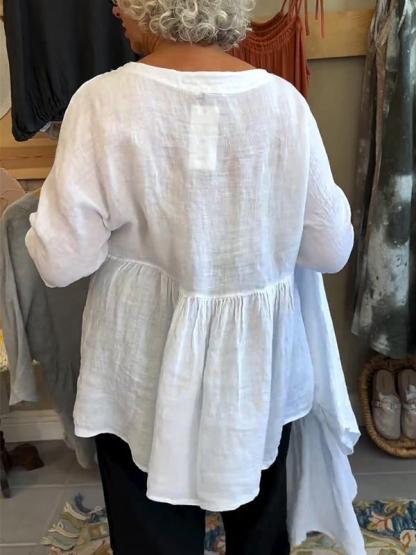 Women's Linen V-neck Solid Color Mid-sleeve Top