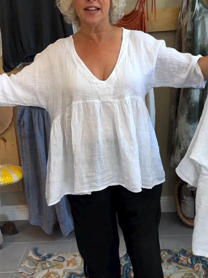 Women's Linen V-neck Solid Color Mid-sleeve Top