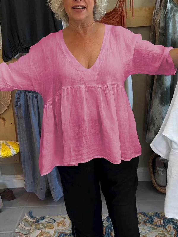 Women's Linen V-neck Solid Color Mid-sleeve Top