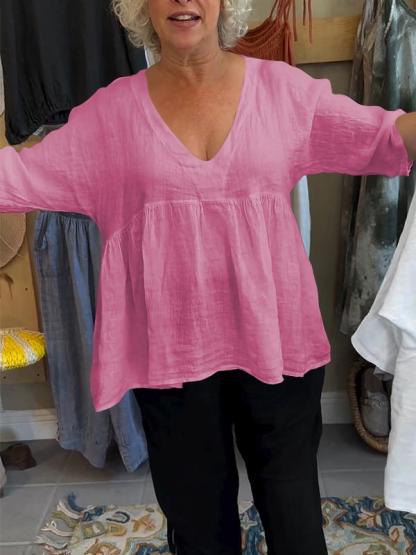 Women's Linen V-neck Solid Color Mid-sleeve Top