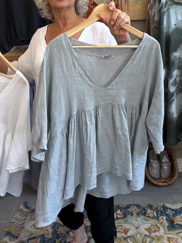 Women's Linen V-neck Solid Color Mid-sleeve Top