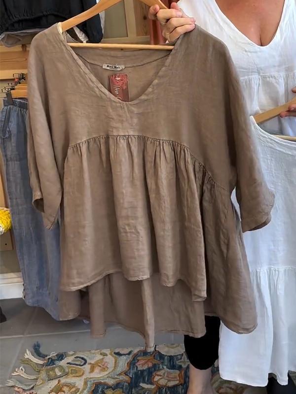 Women's Linen V-neck Solid Color Mid-sleeve Top