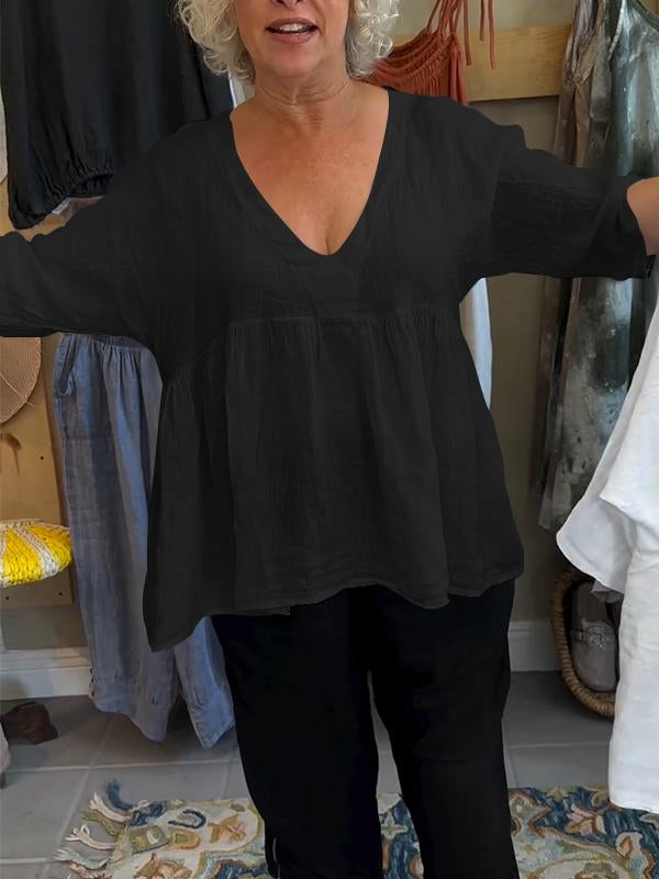 Women's Linen V-neck Solid Color Mid-sleeve Top