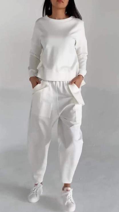 Women Fashion Casual Round Neck Long Sleeve Two Piece Suit