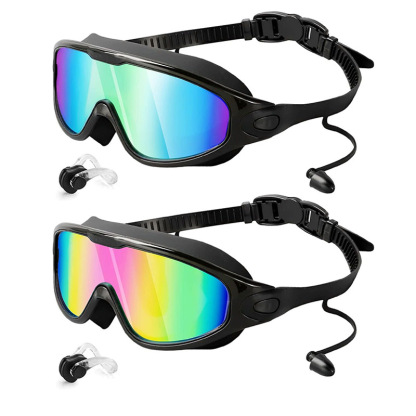 Electroplating large frame waterproof and fog-proof swimming goggles (with integrated earplugs)