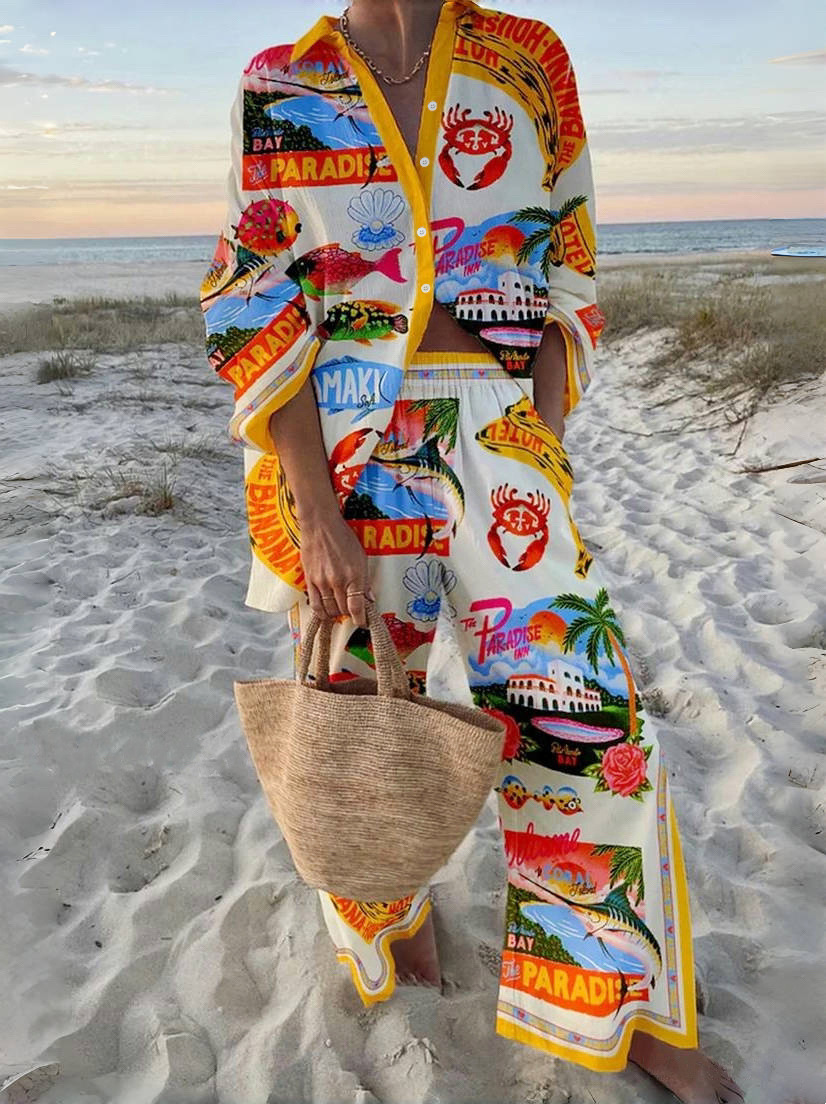 Women's Summer Print 2 Piece Linen Pants Set Long Sleeve Button Down Tops Wide Leg Pants Sleepwear Sets Loungewear