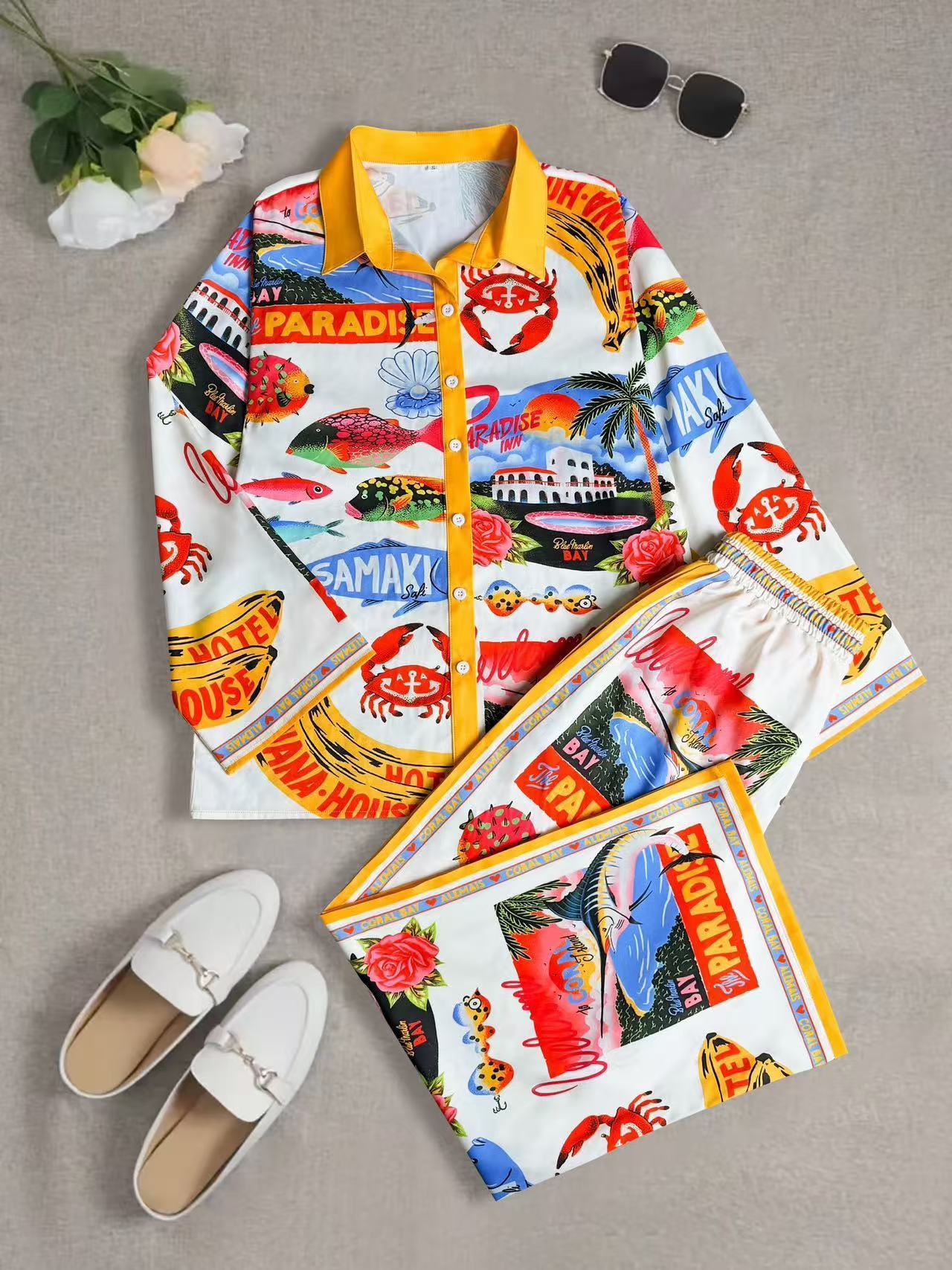 Women's Summer Print 2 Piece Linen Pants Set Long Sleeve Button Down Tops Wide Leg Pants Sleepwear Sets Loungewear