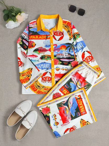 Women's Summer Print 2 Piece Linen Pants Set Long Sleeve Button Down Tops Wide Leg Pants Sleepwear Sets Loungewear