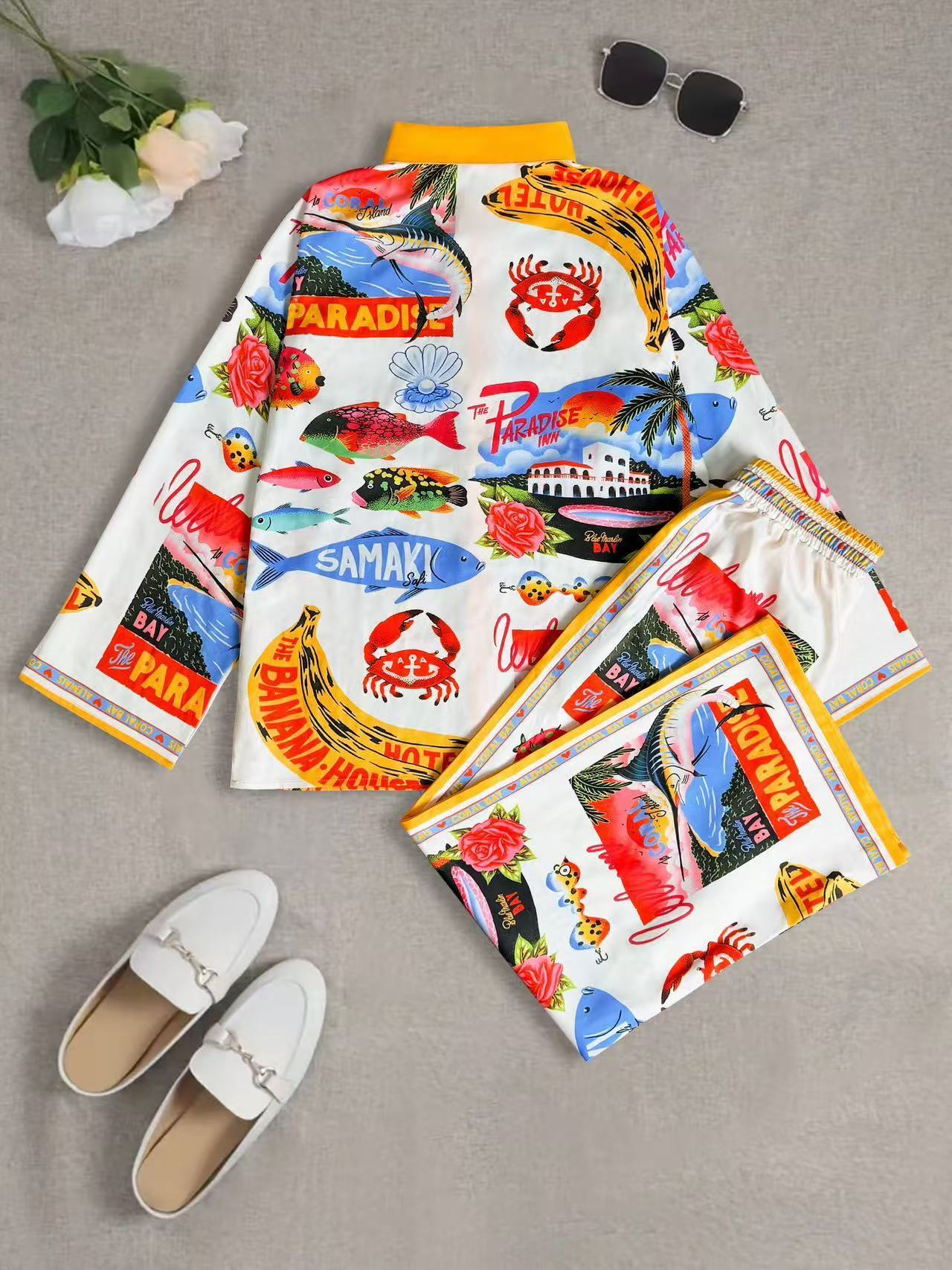 Women's Summer Print 2 Piece Linen Pants Set Long Sleeve Button Down Tops Wide Leg Pants Sleepwear Sets Loungewear