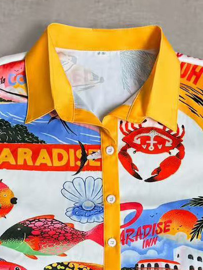 Women's Summer Print 2 Piece Linen Pants Set Long Sleeve Button Down Tops Wide Leg Pants Sleepwear Sets Loungewear