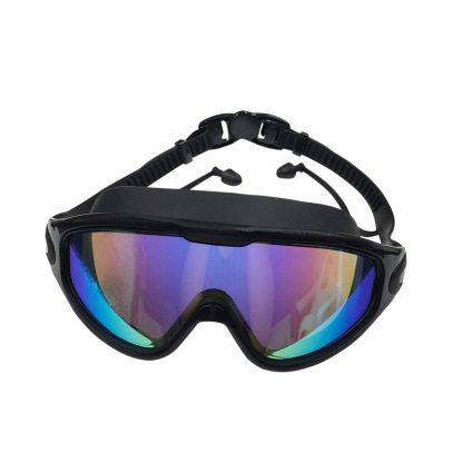Electroplating large frame waterproof and fog-proof swimming goggles (with integrated earplugs)