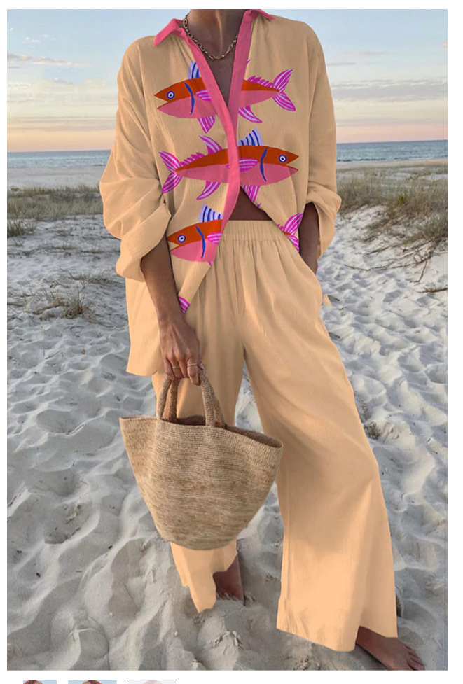 Women's Summer Print 2 Piece Linen Pants Set Long Sleeve Button Down Tops Wide Leg Pants Sleepwear Sets Loungewear