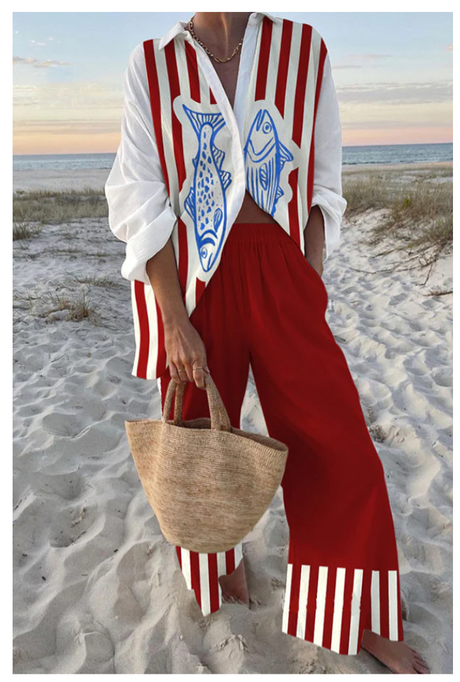 Women's Summer Print 2 Piece Linen Pants Set Long Sleeve Button Down Tops Wide Leg Pants Sleepwear Sets Loungewear