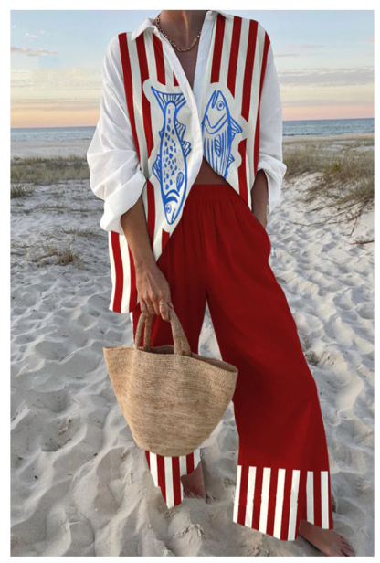 Women's Summer Print 2 Piece Linen Pants Set Long Sleeve Button Down Tops Wide Leg Pants Sleepwear Sets Loungewear