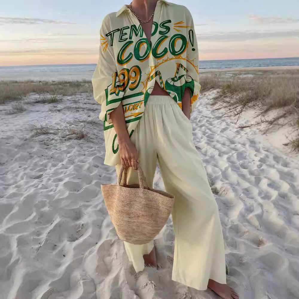 Women's Summer Print 2 Piece Linen Pants Set Long Sleeve Button Down Tops Wide Leg Pants Sleepwear Sets Loungewear