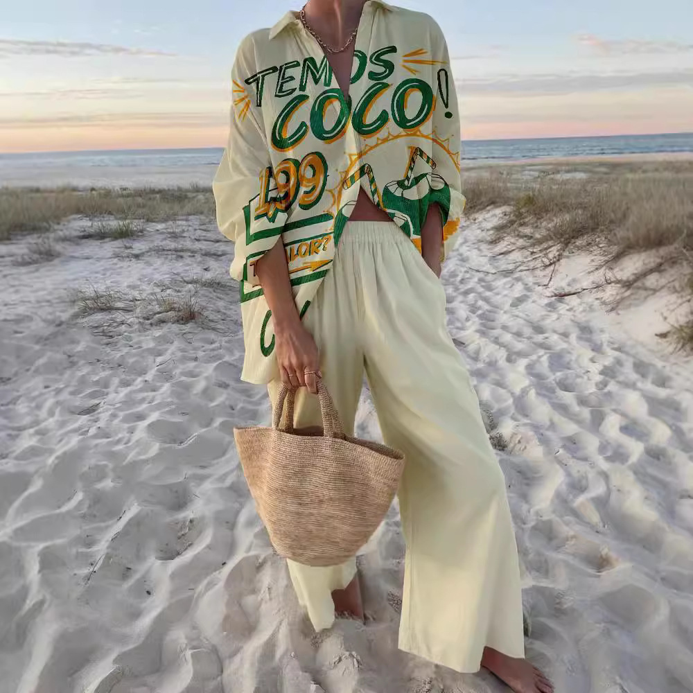 Women's Summer Print 2 Piece Linen Pants Set Long Sleeve Button Down Tops Wide Leg Pants Sleepwear Sets Loungewear