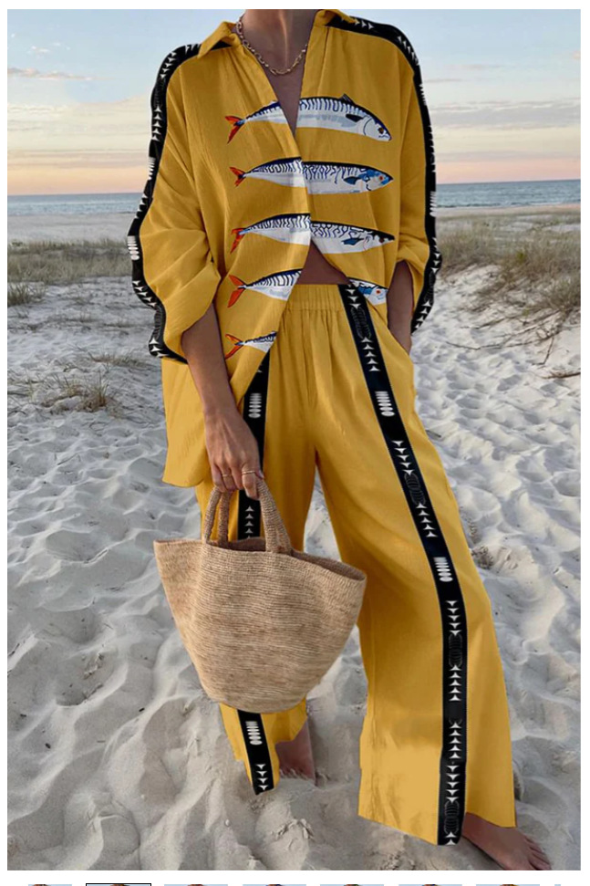 Women's Summer Print 2 Piece Linen Pants Set Long Sleeve Button Down Tops Wide Leg Pants Sleepwear Sets Loungewear