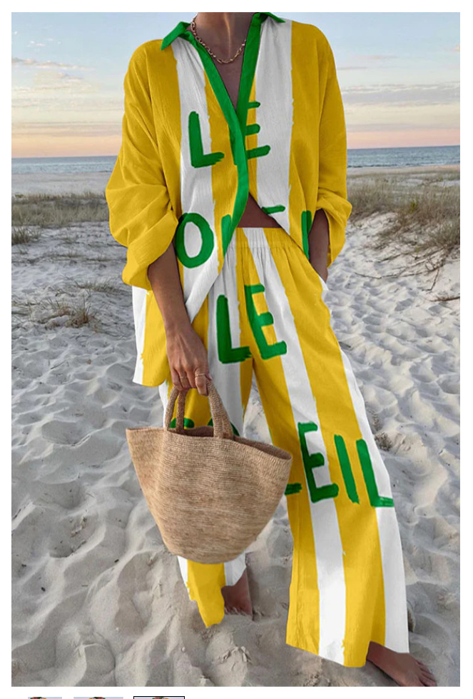 Women's Summer Print 2 Piece Linen Pants Set Long Sleeve Button Down Tops Wide Leg Pants Sleepwear Sets Loungewear