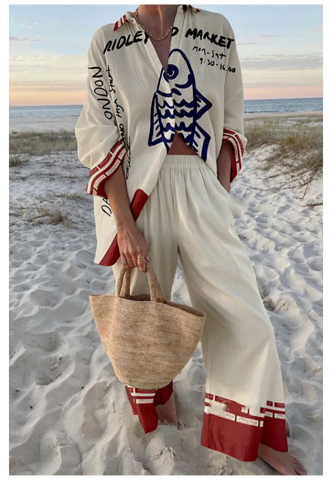 Women's Summer Print 2 Piece Linen Pants Set Long Sleeve Button Down Tops Wide Leg Pants Sleepwear Sets Loungewear