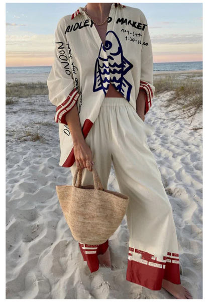 Women's Summer Print 2 Piece Linen Pants Set Long Sleeve Button Down Tops Wide Leg Pants Sleepwear Sets Loungewear